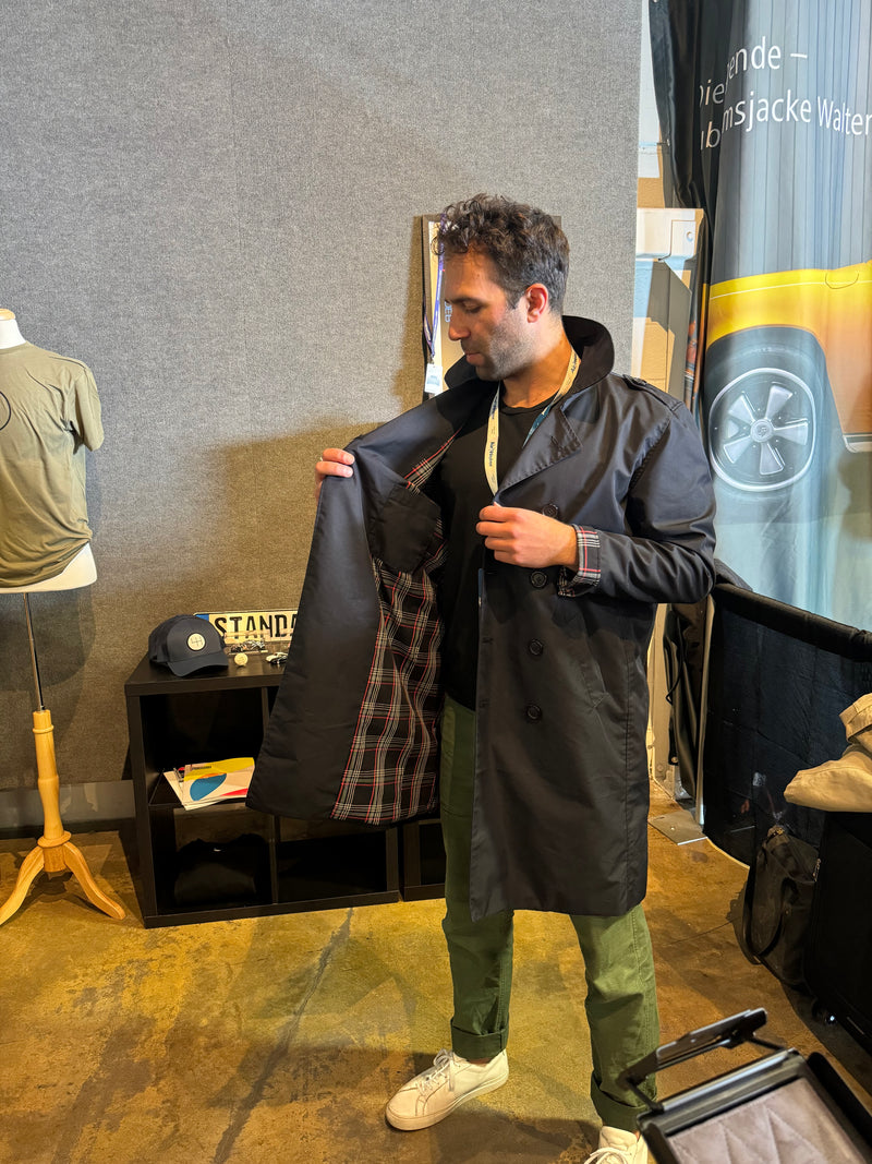 STANDARD H Brands Hatch Trench Coat Jacket Outerwear British England Plaid lining Cars Automotive Inspired fashion menswear apparel made in usa on body
