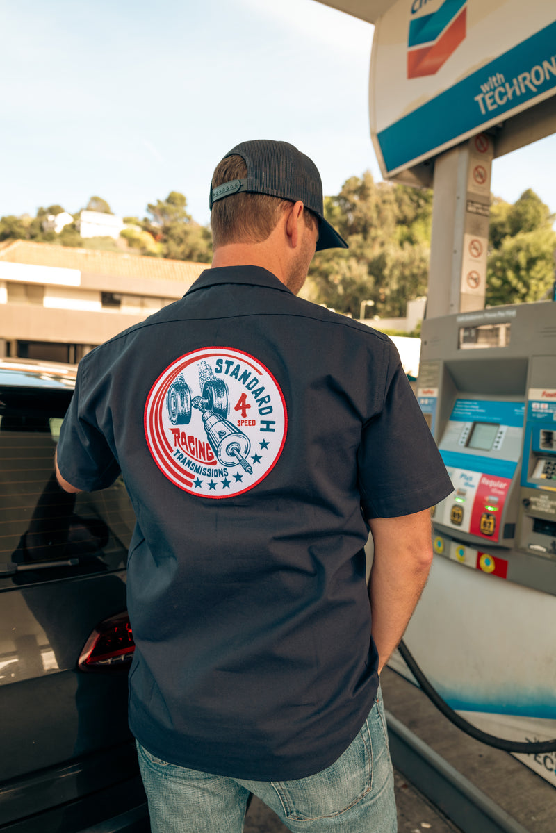 STANDARD H Mechanics Shirt Navy Gas Pump BACK