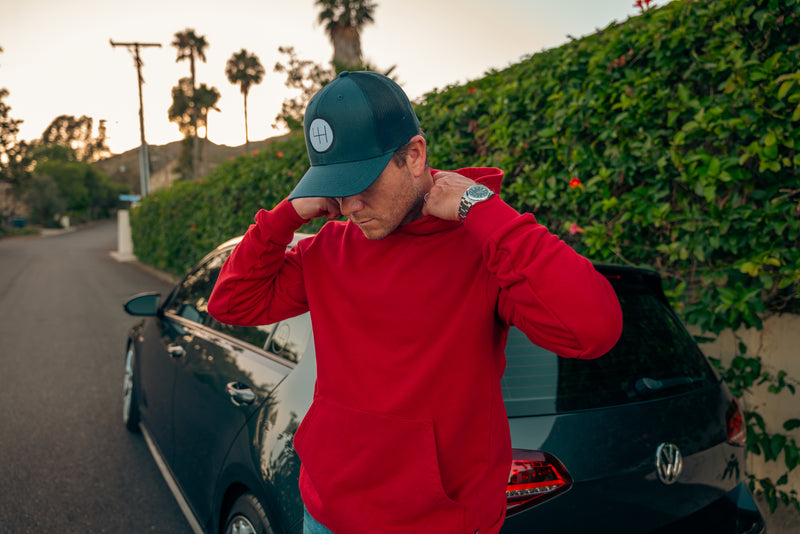 STANDARD H Vanagon Hoodie Heavyweight Hooded Longsleeve Sweatshirt Automotive Car Enthusiast Fiorano Red Menswear Fashion Apparel Shift Logo Volkswagen VW Van Bus