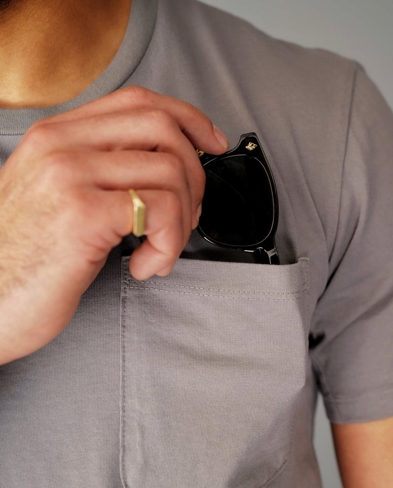 STANDARD H Signature Collection Avant T Grey fit on model inside Pocket T-shirt sunglasses