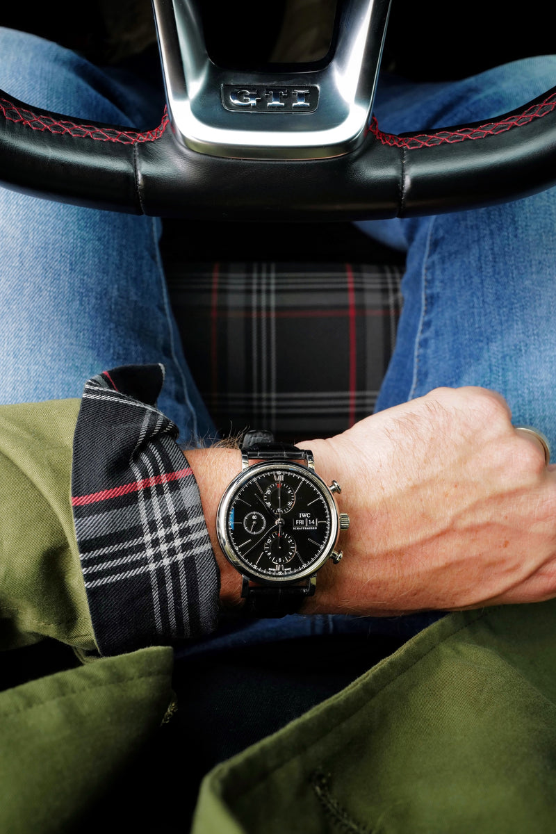 STANDARD H Targa Florio Jacket Automotive Inspired Car Menswear Fashion Apparel VW Volkswagen GTI Tartan Plaid Horn Buttons Navy Military Green Double Breasted Coat Tailored Clothing Alfa Romeo Leica M Camera IWC Portofino Chronograph Black