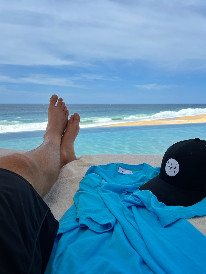 STANDARD H Signature Collection RS T-shirt Miami Blue Cabo San Lucas Travel Shift Logo Trucker Hat Black Beach Ocean View