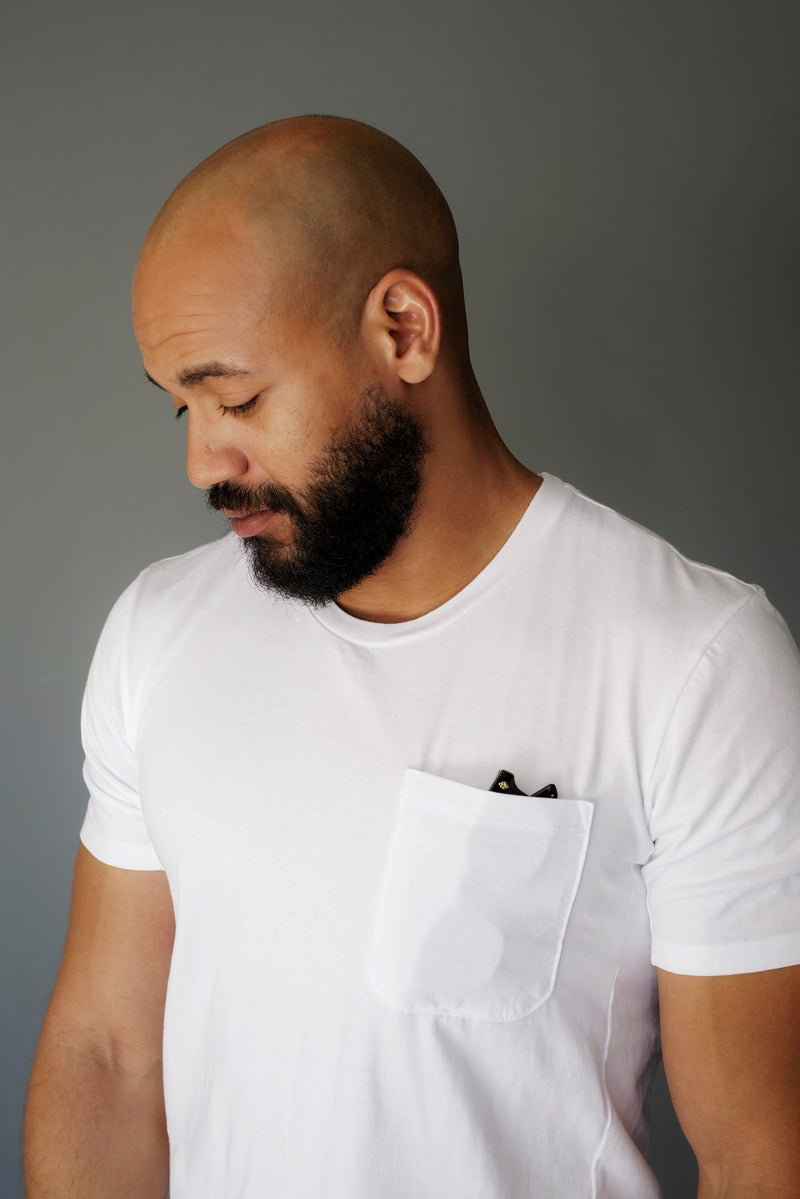 STANDARD H Signature Collection Avant T White fit on model Pocket T-shirt Sunglasses driving shirt